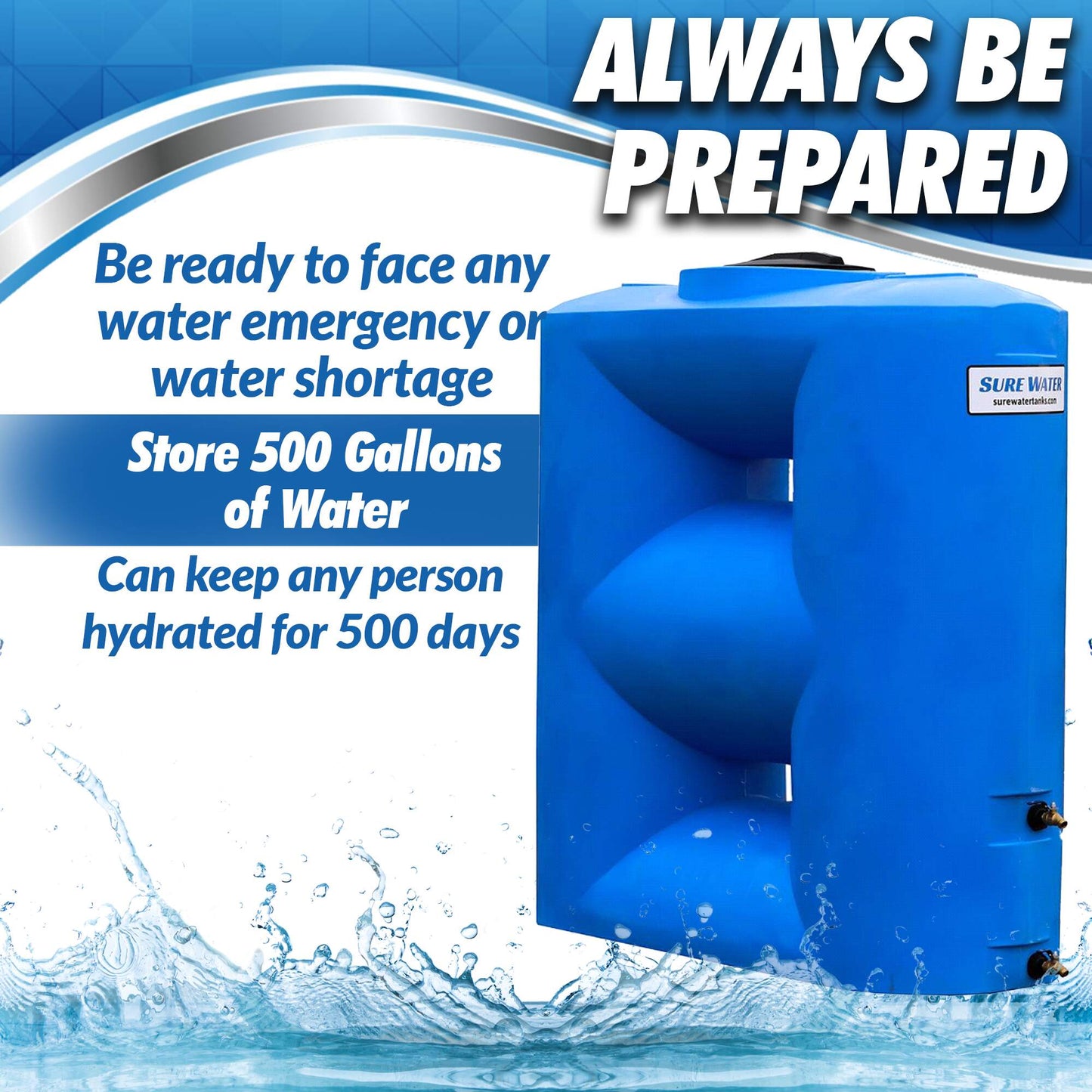 500 Gallon Water Storage Tank By SureWater – Doorway Emergency Water Tank with Spigot for Emergency Disaster Preparedness - Water Supply Tanks