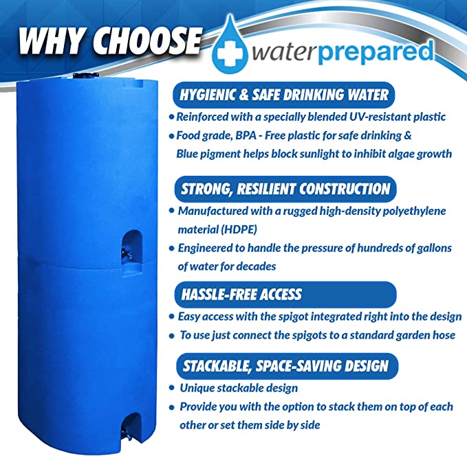 55 Gallon Water Storage Tank by WaterPrepared - Stackable Emergency Water Container with Biofilm Defender for Emergency Disaster Preparedness - Water Supply Tanks